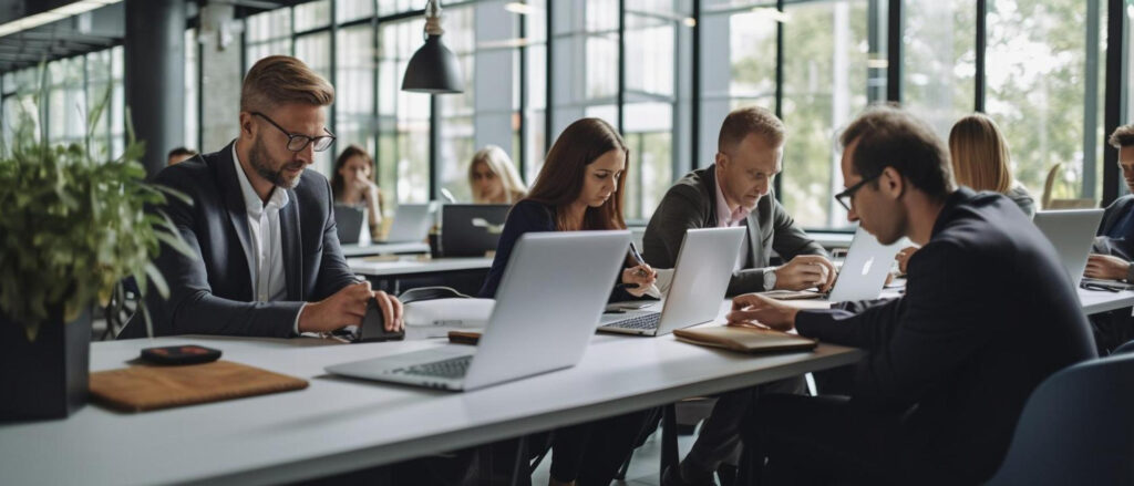 Grupa ludzi siedzi w sali przed laptopami, wpatrują się w ekrany.