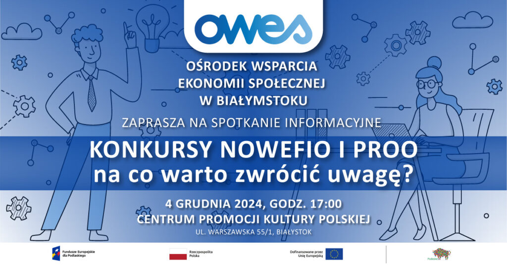 Grafika w kolorach niebieskim i białym informująca o temacie, dacie i miejscu spotkania.