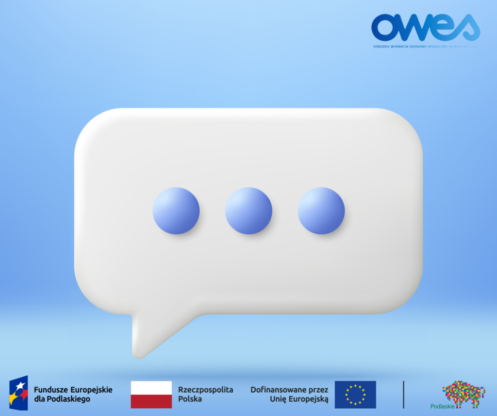na grafice jest biała chmurka rozmowy z trzema niebieskimi kropkami oraz logotypami Unii Europejskiej