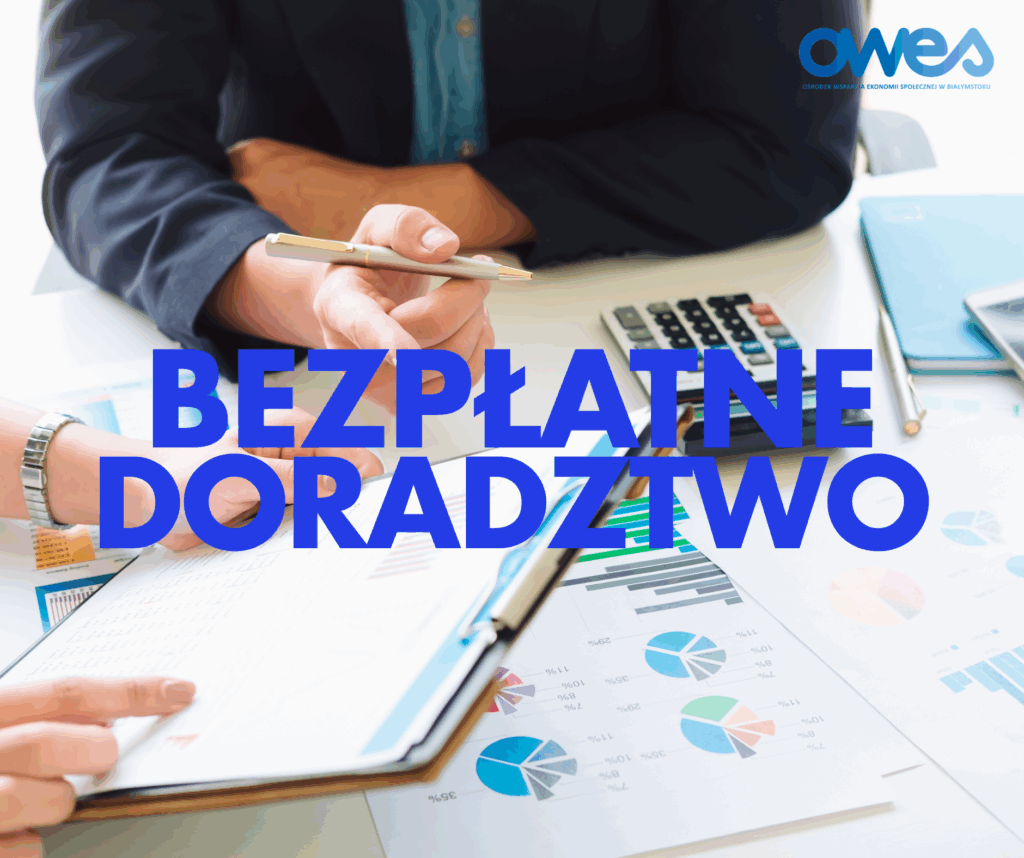 Na obrazku widać dłonie z dokumentami i długopisem. Napis na zdjęciu: bezpłatne doradztwo.