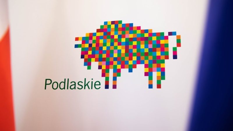 Na zdjęciu widnieje logo województwa podlaskiego - pikselowy żubr